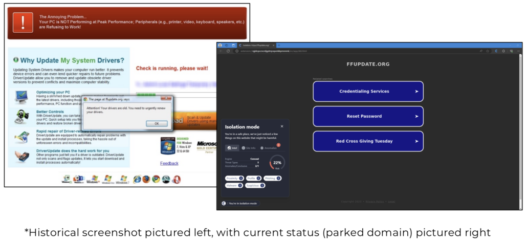 weekly threat report 12.18.23 Historical screenshot pictured left, with current status (parked domain) pictured right